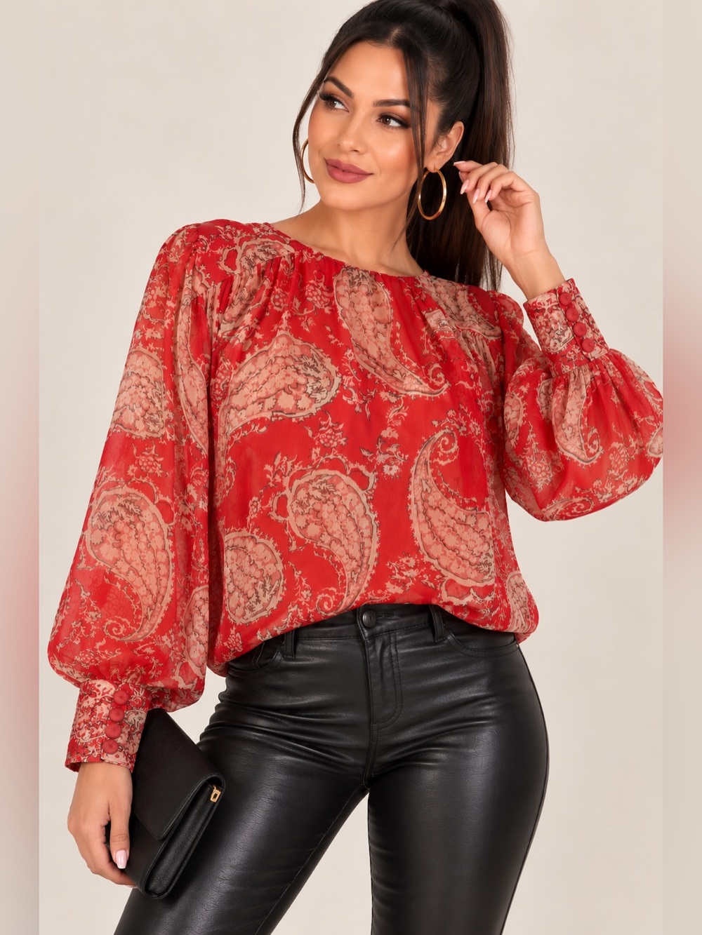 Zara Red Paisley Balloon-Sleeve Blouse